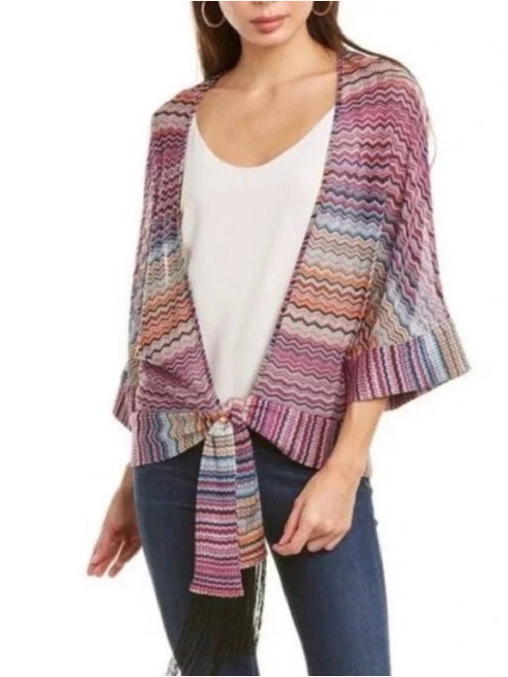 Trina Turk Halo Fringe Tie Front Long-Sleeve Raschel Knit